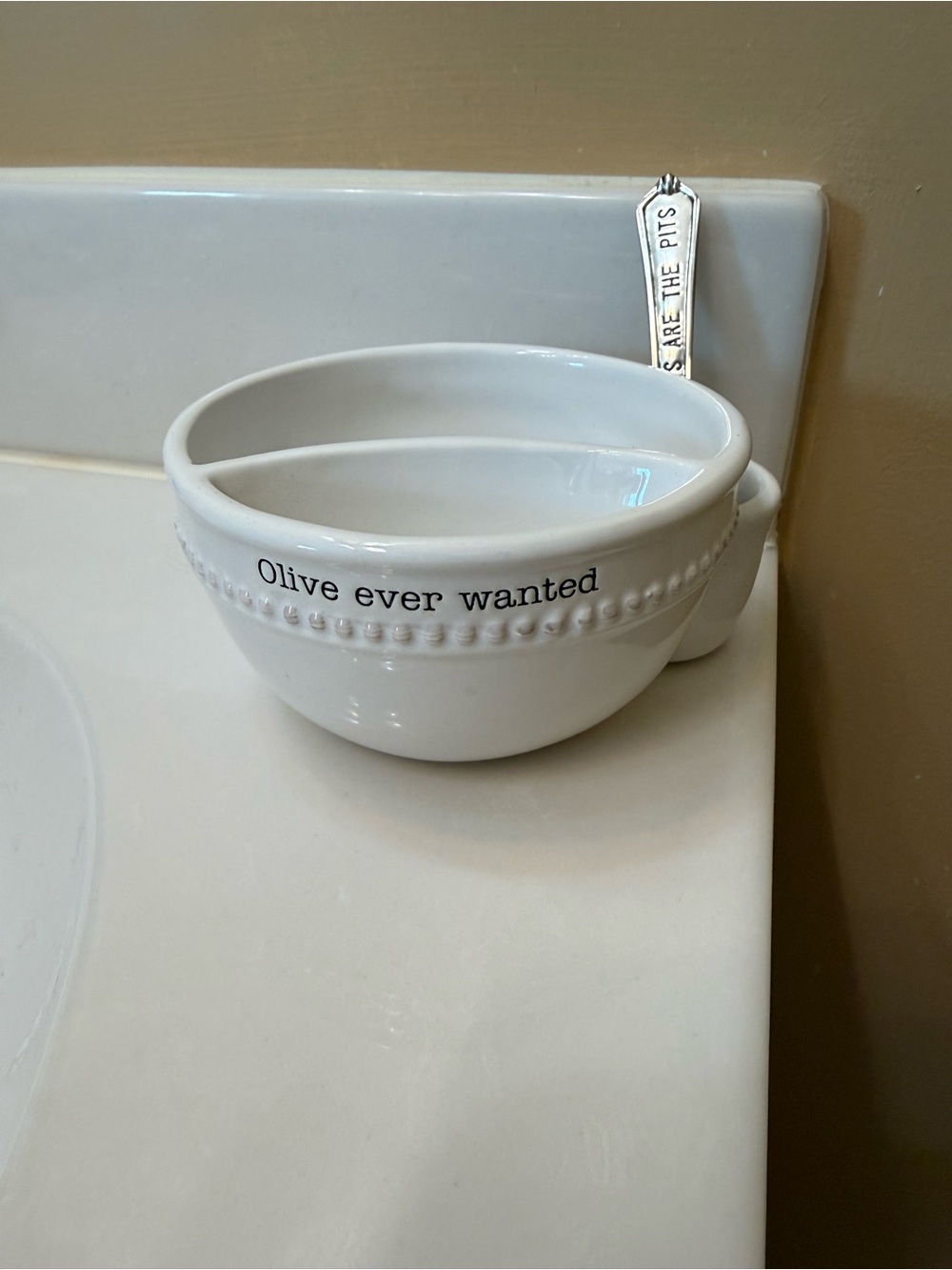 Mud Pie White Ceramic Divided Olive Bowl with Beaded Rim